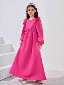 SHEIN Tween Girls' Vintage Loose Fit Cap Sleeve Round Neck Long Sweatshirt Dress - Hot Pink - View 5