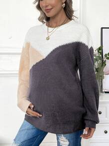 SHEIN Maternity Contrast Color Round Neck Sweater, For Winter - Multicolor - View 4