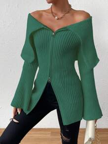 Chiquease Solid Color Off Shoulder Flare Sleeve Zipper Front Cardigan Fall Cloth For Women - Green - View 3