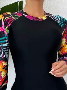 Swim SPRTY Summer Beach Tropical Printed Long Sleeve Tankini Swimsuit Set - Multicolor - View 3