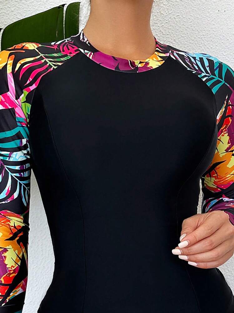 Swim SPRTY Conjunto De Maiô Tankini De Manga Comprida Com Estampa Tropical - Multicolorido - Visão 3