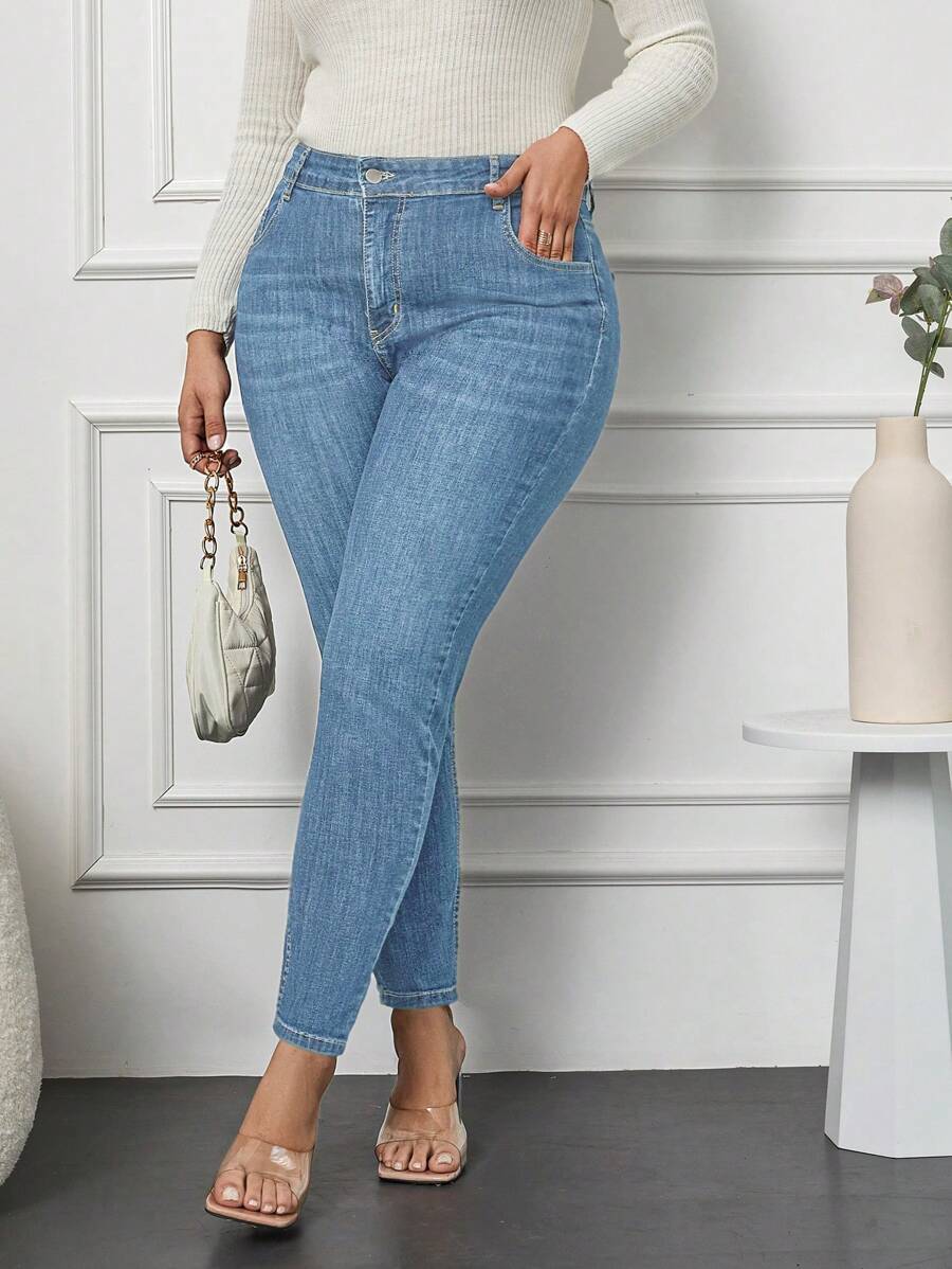 SHEIN Cottnline Plus Size High Waist Skinny Jeans - Light Wash - View 1
