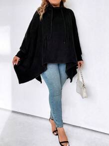 SHEIN LUNE Women's Plus Size Drawstring Batwing Sleeve Sweatshirt Pullover Fall Sweatshirt - Black - View 5