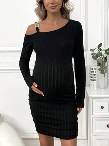 SHEIN Thai sản Bất đối xứng Vòng cổ Sọc Thon gọn Váy bodycon - màu đen - Xem 5