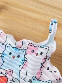 SHEIN Baby Girls' Casual Cute Cat Pattern Sleeveless Romper - Multicolor - View 4