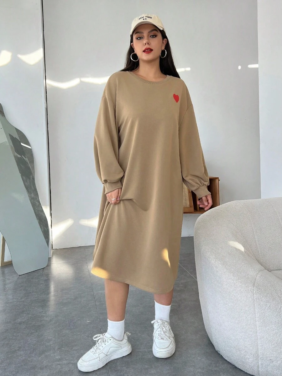 SHEIN EZwear 女款大尺碼 Love 印花側開衩長運動衫 - 咖啡棕 - 查看 1