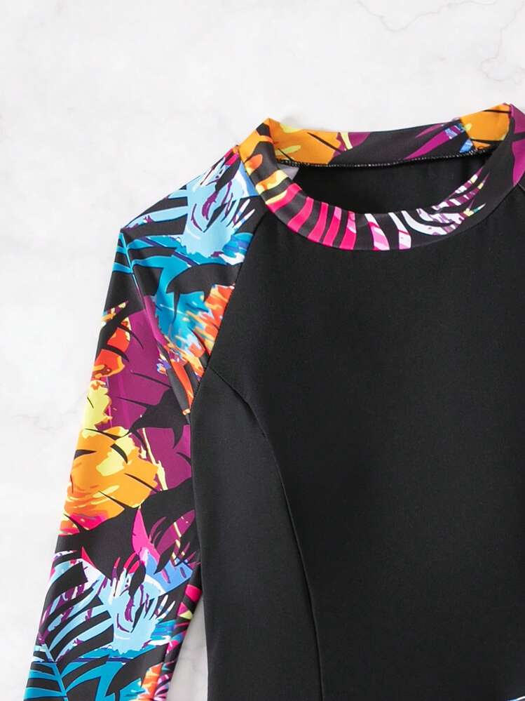 Swim SPRTY Conjunto De Maiô Tankini De Manga Comprida Com Estampa Tropical - Multicolorido - Visão 5