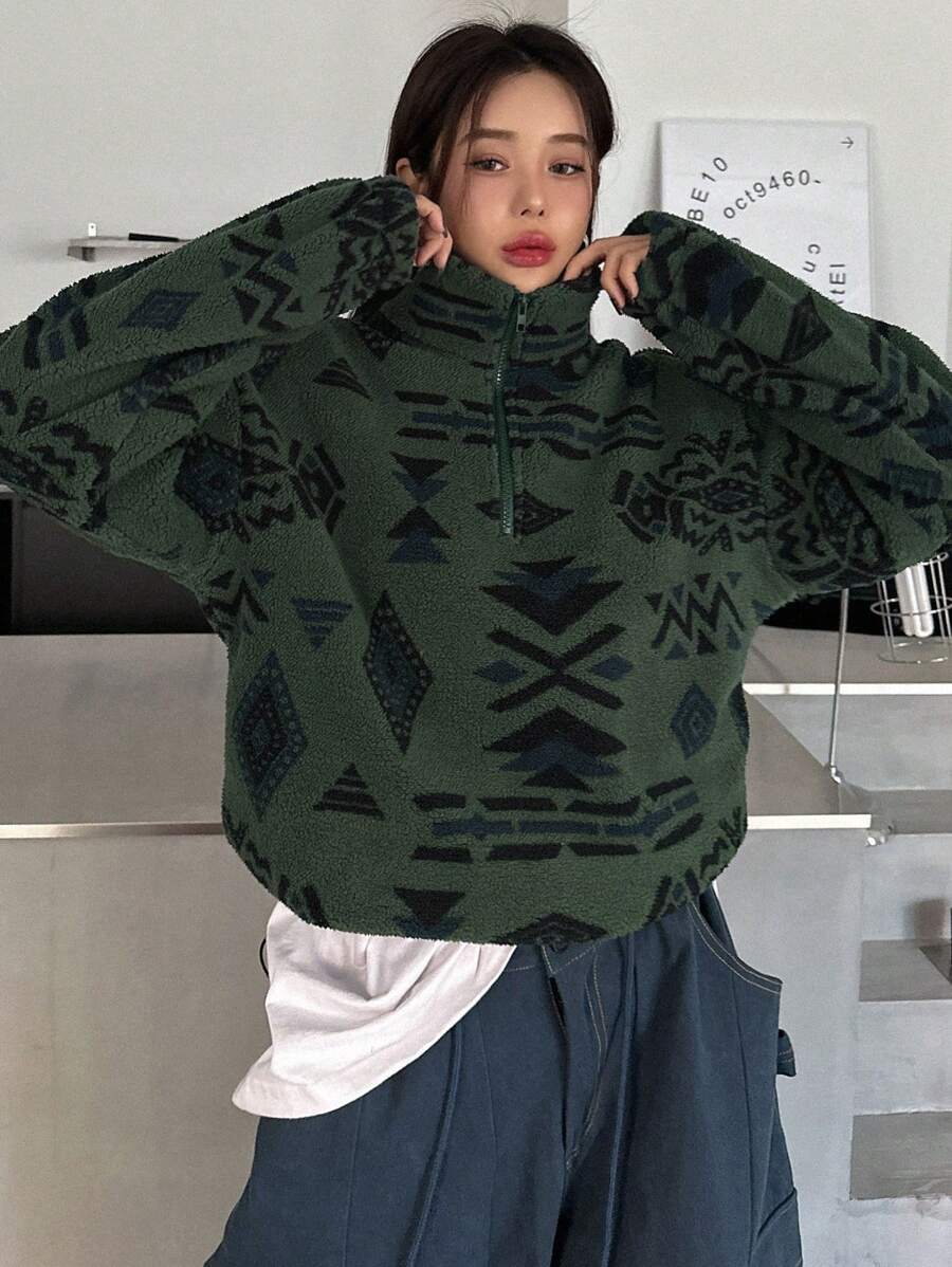 DAZY 女士几何印花半拉链卫衣,长袖上衣,秋季女装,保暖内衬 - 綠色 - 查看 1