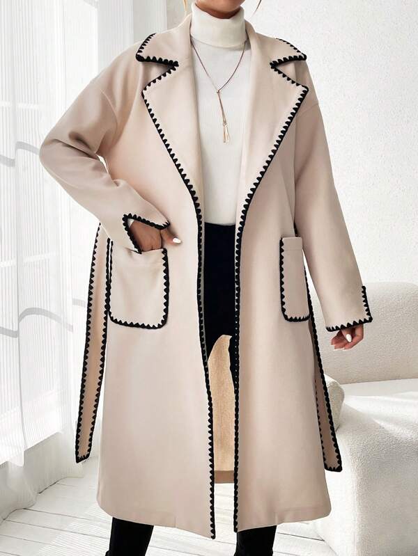 SHEIN LUNE Colorblock Edging Belted Knitted Coat With Double Pockets, Ladies Late Fall Casual Contrast Binding, Pocket, Zipper Drop Shoulder Shawl Collar Loose Apricot Colorblock Women Overcoats, Winter Warmth/ Winter Fashion