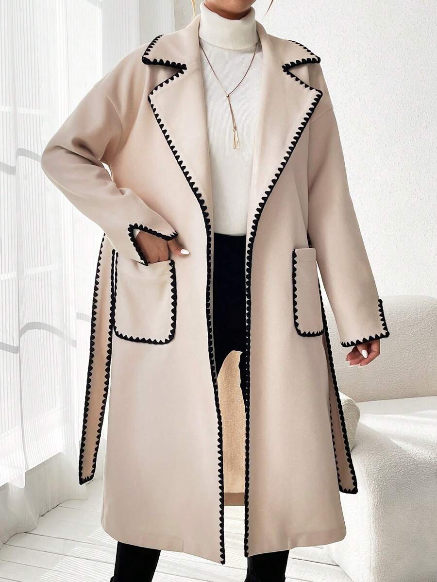 SHEIN LUNE Áo khoác dệt kim viền phối màu có túi đôi, áo khoác nữ cuối thu, viền tương phản, túi, cổ áo choàng thả vai có khóa kéo, màu mơ, áo khoác ngoài nữ phối màu, giữ ấm mùa đông/ thời trang mùa đông - Màu be - Xem 1
