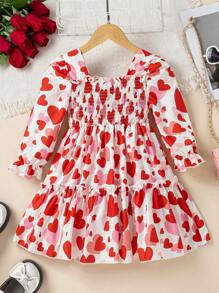 SHEIN Young Girls' Valentine's Day Heart Print Ruffle Trim Long Sleeve Princess Dress For Spring/Autumn Parties And Holidays - Red - View 2