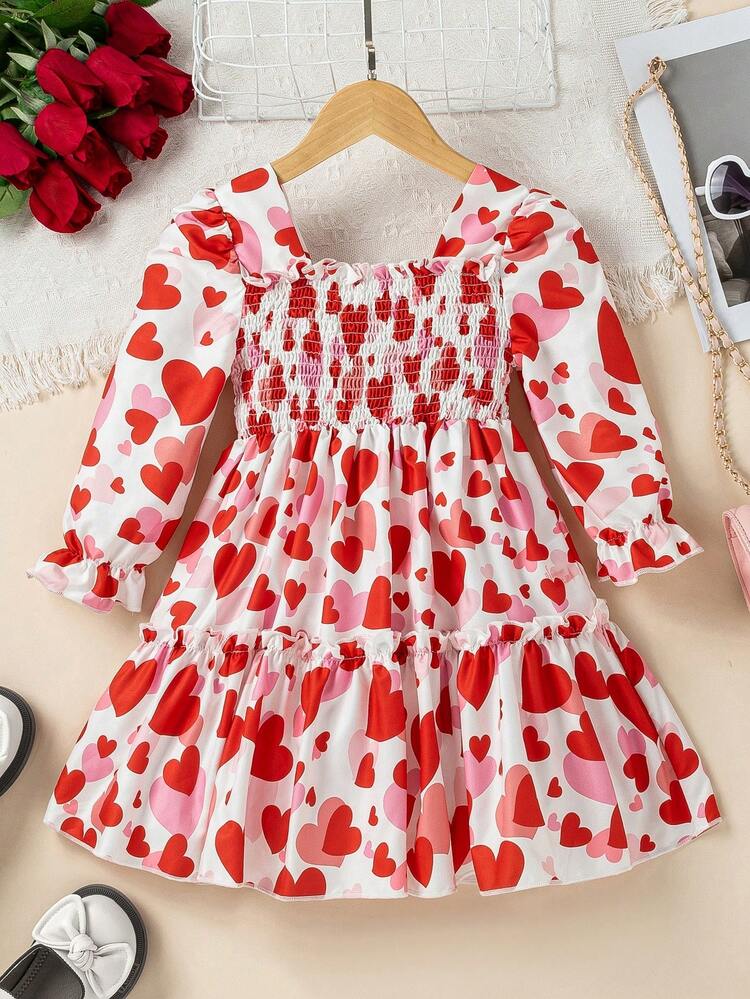 Young Girls' Valentine's Day Heart Print Ruffle Trim Long Sleeve Princess Dress For Spring/Autumn Parties And Holidays
