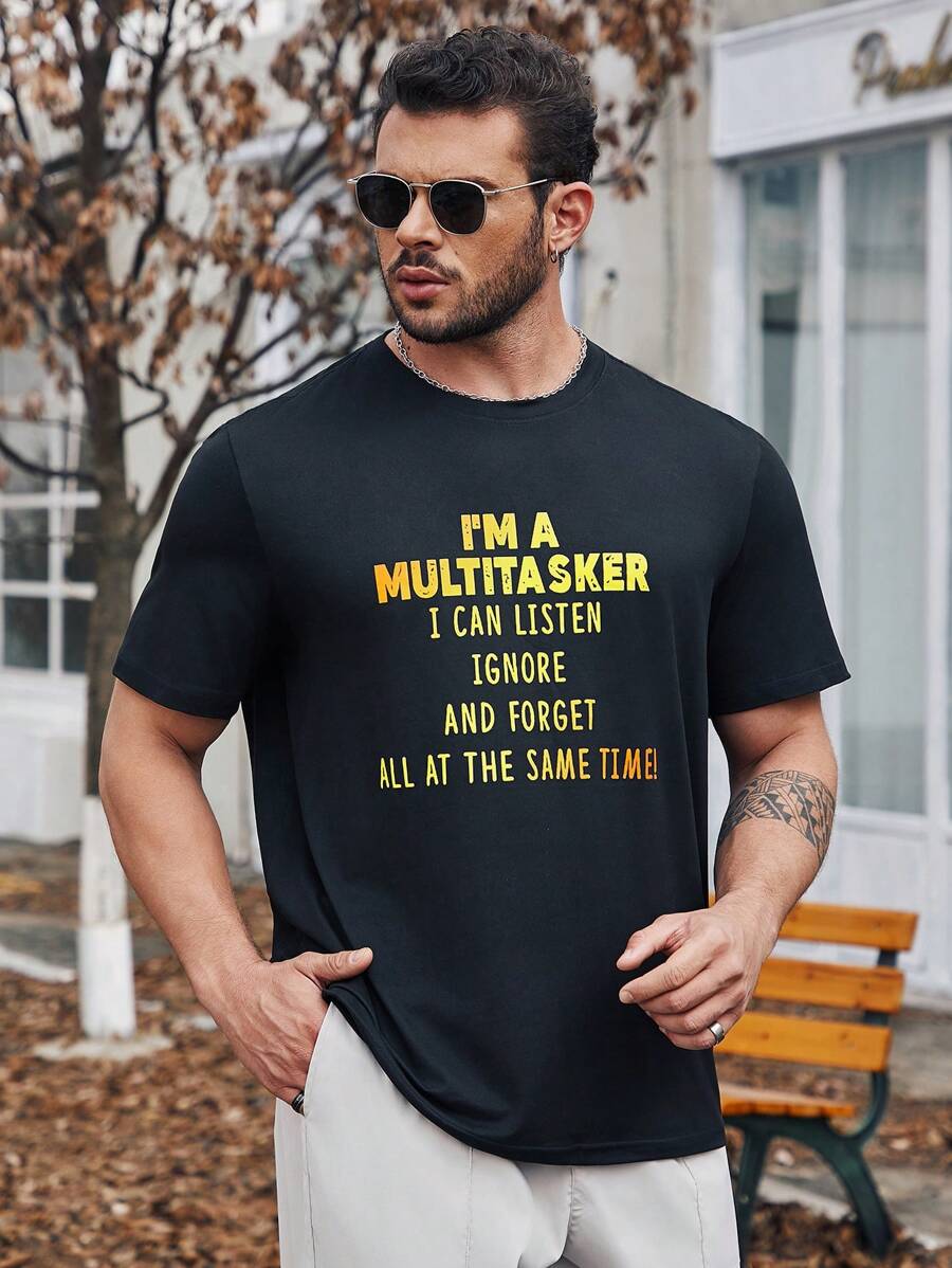 Manfinity Homme Nam Kích thước lớn Slogan In Áo thun - màu đen - Xem 1