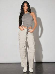 SHEIN BAE Solid Color Complex Laced Tight Tank Top - Grey - View 5