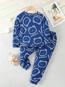 男童卡通小熊印花圓領長袖上衣長褲家居服套春秋 - 彩色 - 查看 1