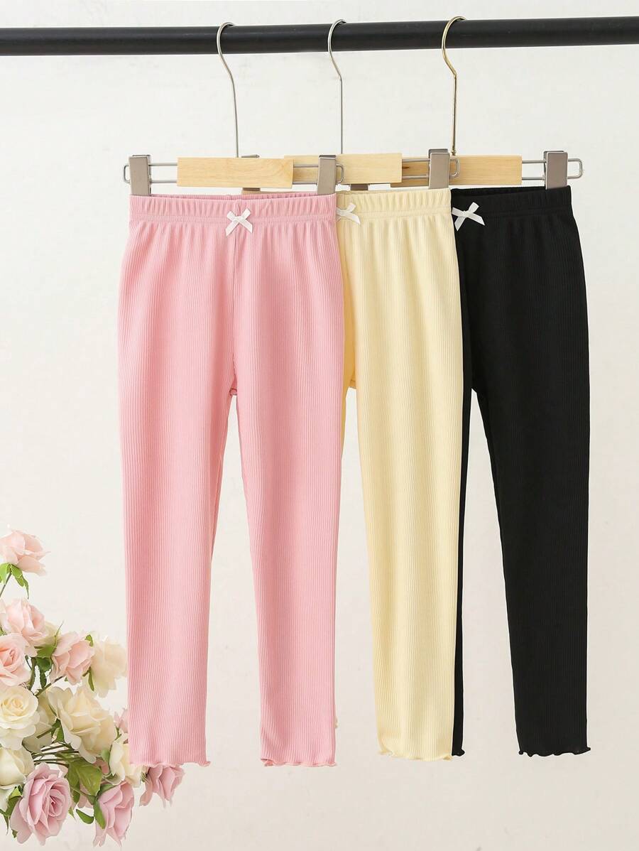 Leggings informales de unicolor para niñas jóvenes con banda elástica en la cintura y decoración de lazo - Multicolor - Ver 1