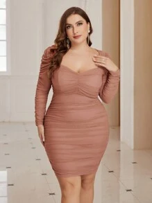 SHEIN Belle 大碼雞心領口褶邊網紗緊身洋裝 - 藕粉色 - 查看 3