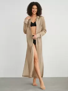 Ocili 女式純色長款休閒家居外套,單排釦閉起