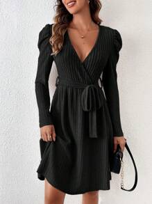 SHEIN Clasi 交叉領口羊肉袖肋編針織連衣裙 - 黑色 - 查看 1