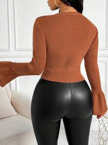 SHEIN SXY 女士純色波浪袖毛衣 - 鏽棕色 - 查看 2