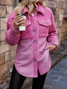 SHEIN Frenchy 女士時尚玫瑰紅雙口袋鈕扣大衣 - 玫紅色 - 查看 6