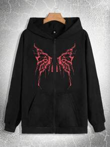 New Autumn/Winter Men's Jacket, Vintage Personalized Butterfly Print Casual Sports Bomber Coat - Black - View 1