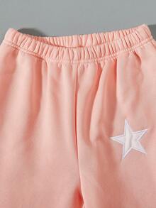 SHEIN Tween 女童休闲街头风格星星刺绣慢跑裤 - 粉色 - 查看 3
