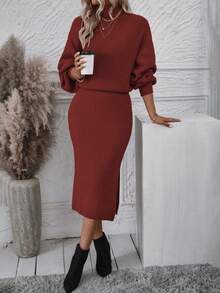 SHEIN Privé Màu thuần Áo cao cổ Tay áo lồng đèn Đầm Áo len - Đỏ - Xem 6