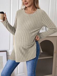 SHEIN Camiseta Premamá De Canalé Con Cuello Redondo Y Color Liso - Albaricoque - Ver 5