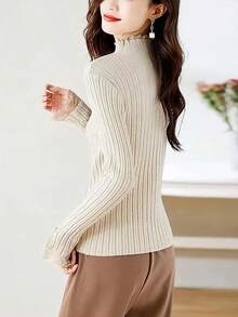 Của phụ nữ Hoa Vá lại Một nửa Áo cao cổ Áo len - Màu be - Xem 2