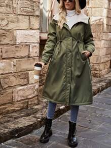 SHEIN LUNE 保暖内衬绿色腰部收紧加厚棉服外套衣服冬季 - 綠色 - 查看 5
