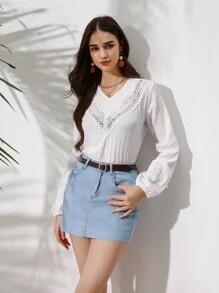 Aveloria Ladies' Embroidered V-neck Lantern Sleeve Shirt With Splicing Design - White - View 6