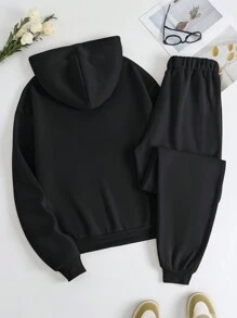 SHEIN Women's Slogan Print Drawstring Hoodie And Joggers Set - Black - View 2