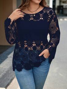 Calvaya Women's Plus Size Lace Round Neck Casual Shirt - Navy Blue - View 3