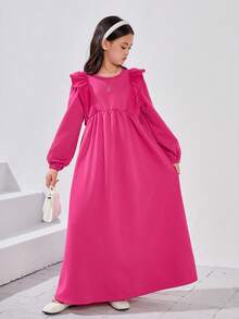 SHEIN Tween Girls' Vintage Loose Fit Cap Sleeve Round Neck Long Sweatshirt Dress - Hot Pink - View 3