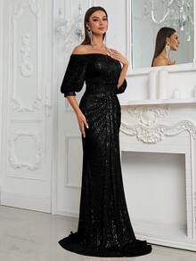 YISIKADO 一字肩燈籠袖亮片正式洋裝