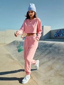 SHEIN Sports Quý cô Nguyên chất Màu sắc Hoodie Và Quần thể thao Set bộ đồ thể thao - Hồng - Xem 5