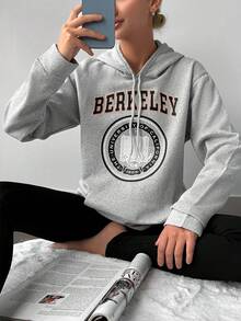 Cottnline Letter Graphic Kangaroo Pocket Drawstring Hoodie - Grey - View 3