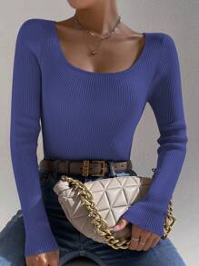 SHEIN Privé Của phụ nữ Màu thuần Áo len Với Lớn Tròn Đường viền cổ áo - Màu xanh bụi bặm - Xem 1