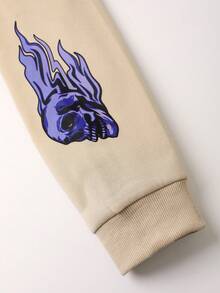 Manfinity EMRG 寬鬆男式骷髏和字母印花連帽抓絨運動衫 - 杏色 - 查看 4