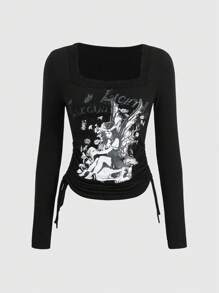 ROMWE Fairycore Camiseta Con Cordón Lateral Y Estampado De Personajes Y Letras - Negro - Ver 1