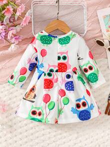 女嬰春季秋季可愛貓頭鷹&氣球印花連身裙 - 白色 - 查看 2