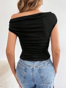 SHEIN Tall Xếp li Vai lạnh Gợi cảm Của phụ nữ Áo - màu đen - Xem 2