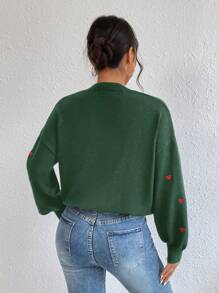 EURMUSE Heart Pattern Drop Shoulder Sweater - Dark Green - View 2
