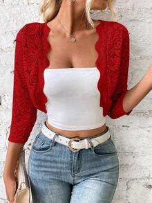 SHEIN LUNE Cắt vỏ sò Mở Mặt trước Mùa vụ Ren Áo khoác - Màu Đỏ Sâu - Xem 3