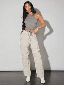 SHEIN BAE Solid Color Complex Laced Tight Tank Top - Grey - View 4