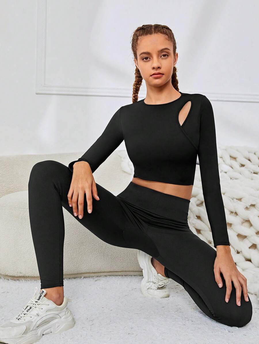 SHEIN Teen Girls' Knitted Solid Color Hollow Out Hem Cross Back Athletic Top - Black - View 1