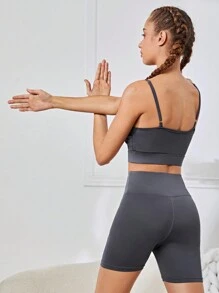 SHEIN Teenage Girls' Solid Color Tank Top, T-Shirt, Shorts, And Pants Sports Suit - Dark Grey - View 4