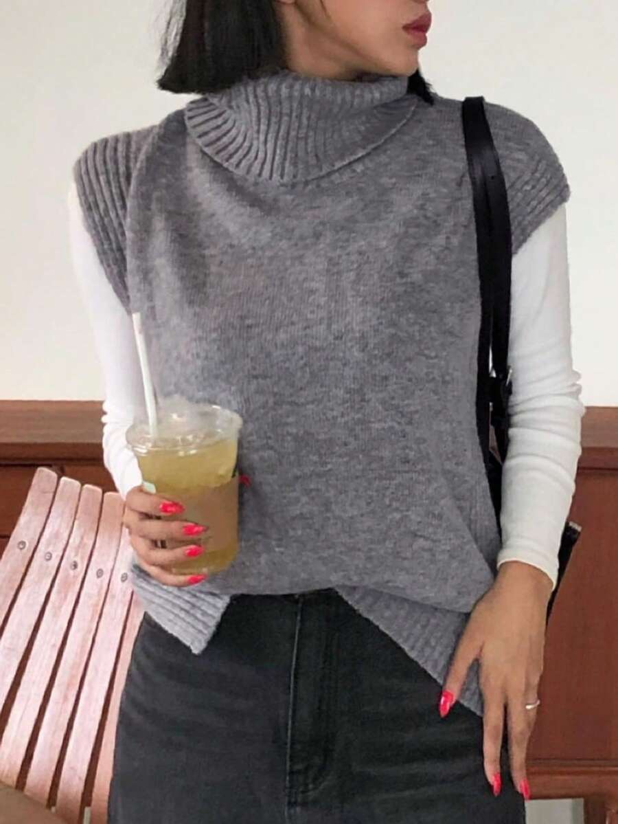DAZY 純色高領毛衣背心 - 灰色 - 查看 1
