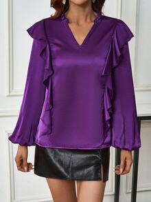 SHEIN Clasi 女用荷葉邊下擺燈籠袖襯衫 - 紫色 - 查看 6